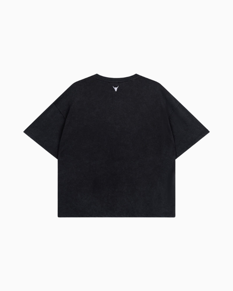 Back view of Alix graphic tee showing small bull print detail