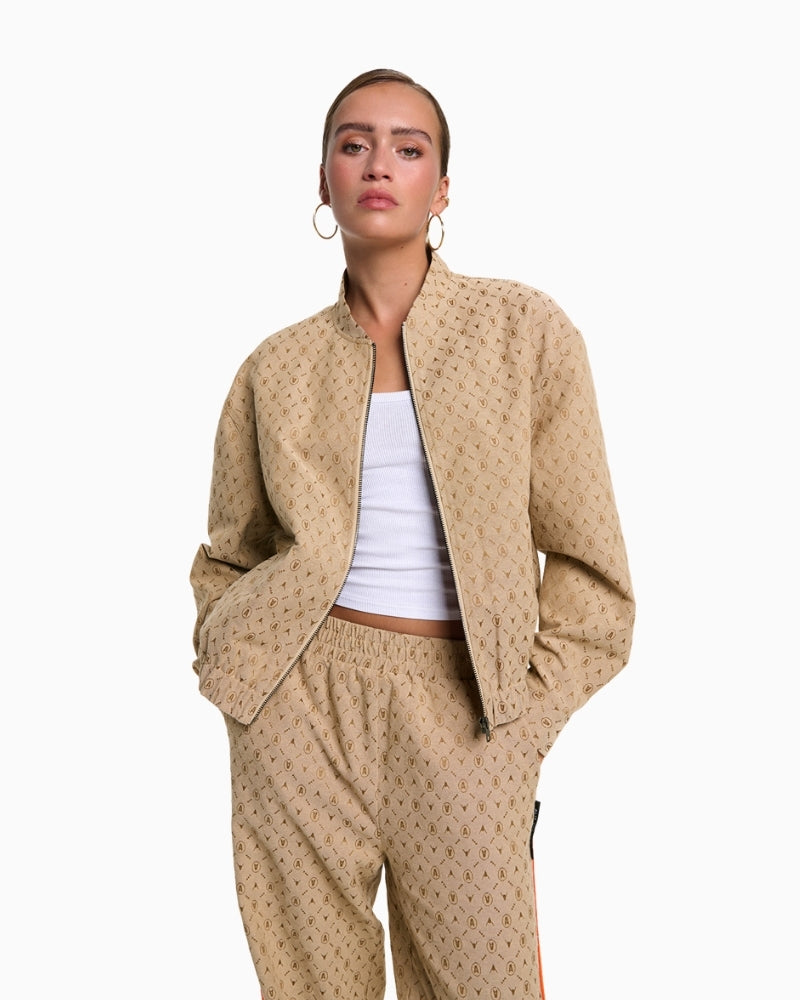 Alix The Label camel jacquard logo jacket with bull embroidery on back