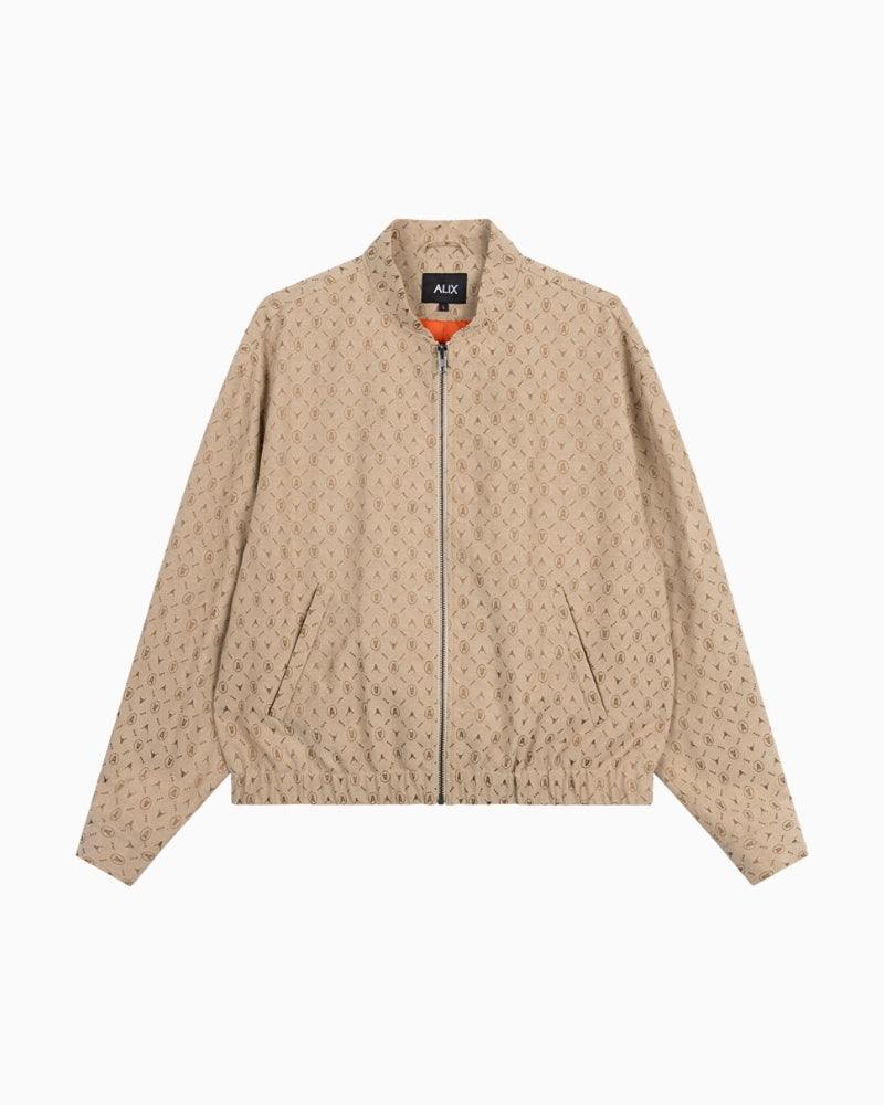 Front view of Alix oversized jacket in camel with zip closure and pockets