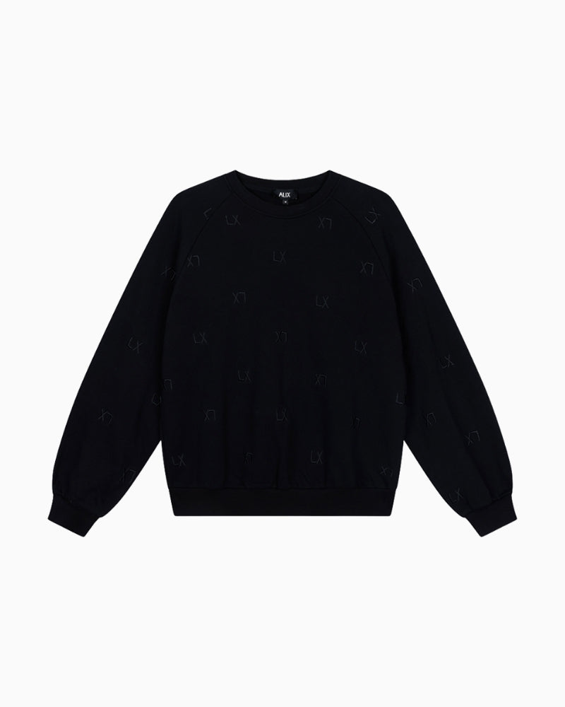 Front view of long-sleeve logo jumper with ribbed cuffs and hem