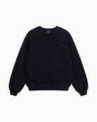 Front view of Alix black sweater with relaxed fit and ribbed neckline