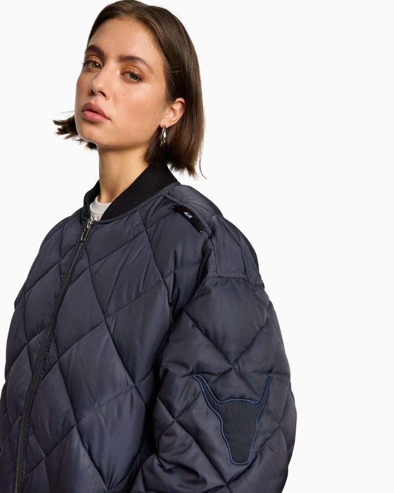 Close-up of bull embroidery on sleeve and textured quilted fabric