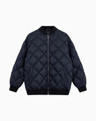 Navy quilted bomber jacket by ALIX The Label with ribbed collar and zip front