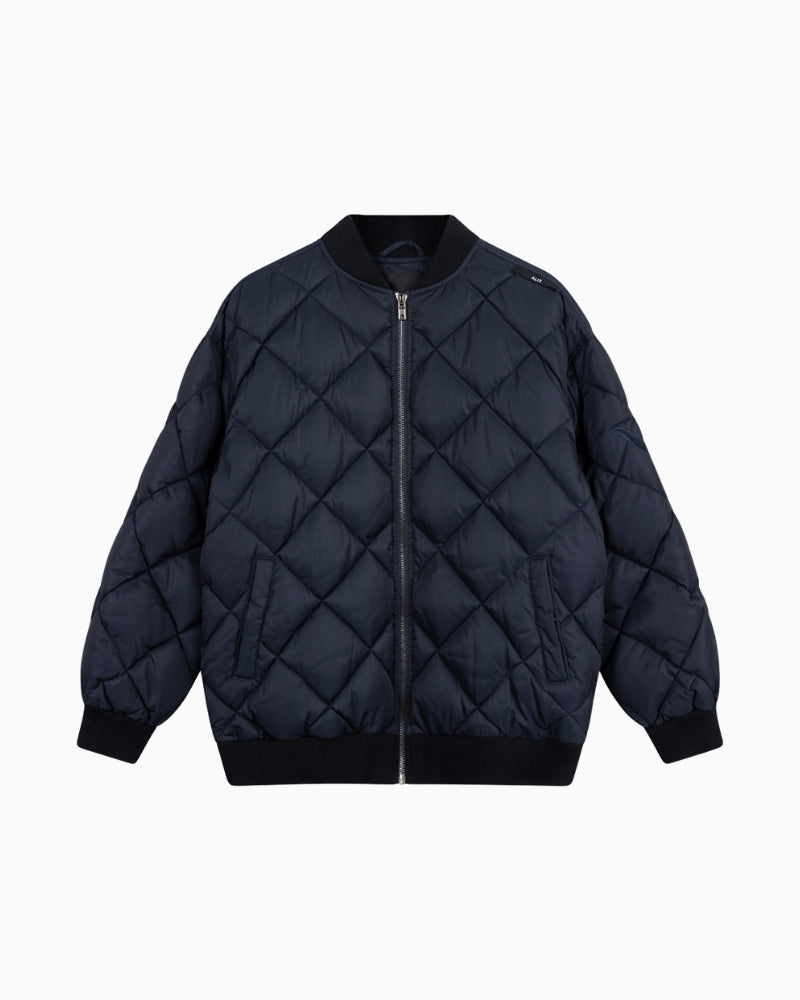 Navy quilted bomber jacket by ALIX The Label with ribbed collar and zip front