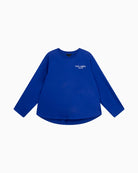 Front view of Alix raglan top in blue showing relaxed fit and crew neckline