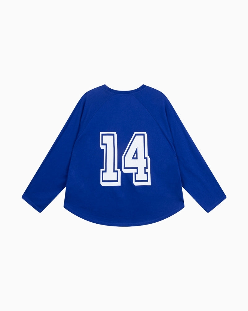 Alix The Label blue long sleeve cotton top with sporty raglan seams