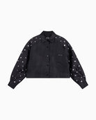 Black satin cropped blouse by ALIX The Label with all-over studs and chest pocket