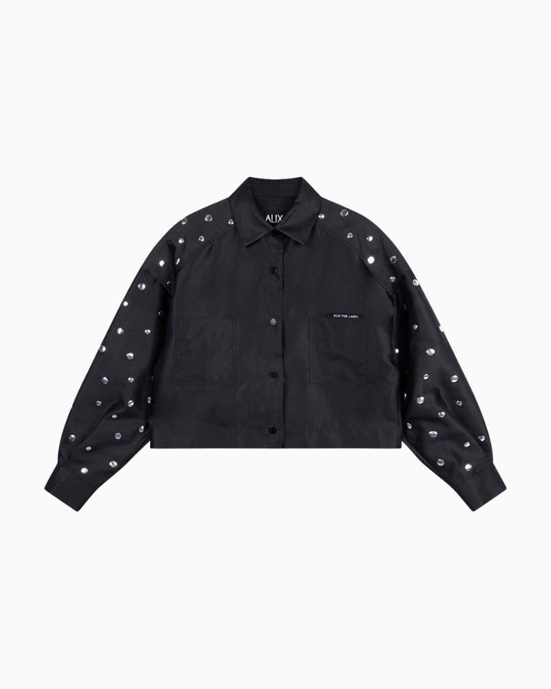 Black satin cropped blouse by ALIX The Label with all-over studs and chest pocket