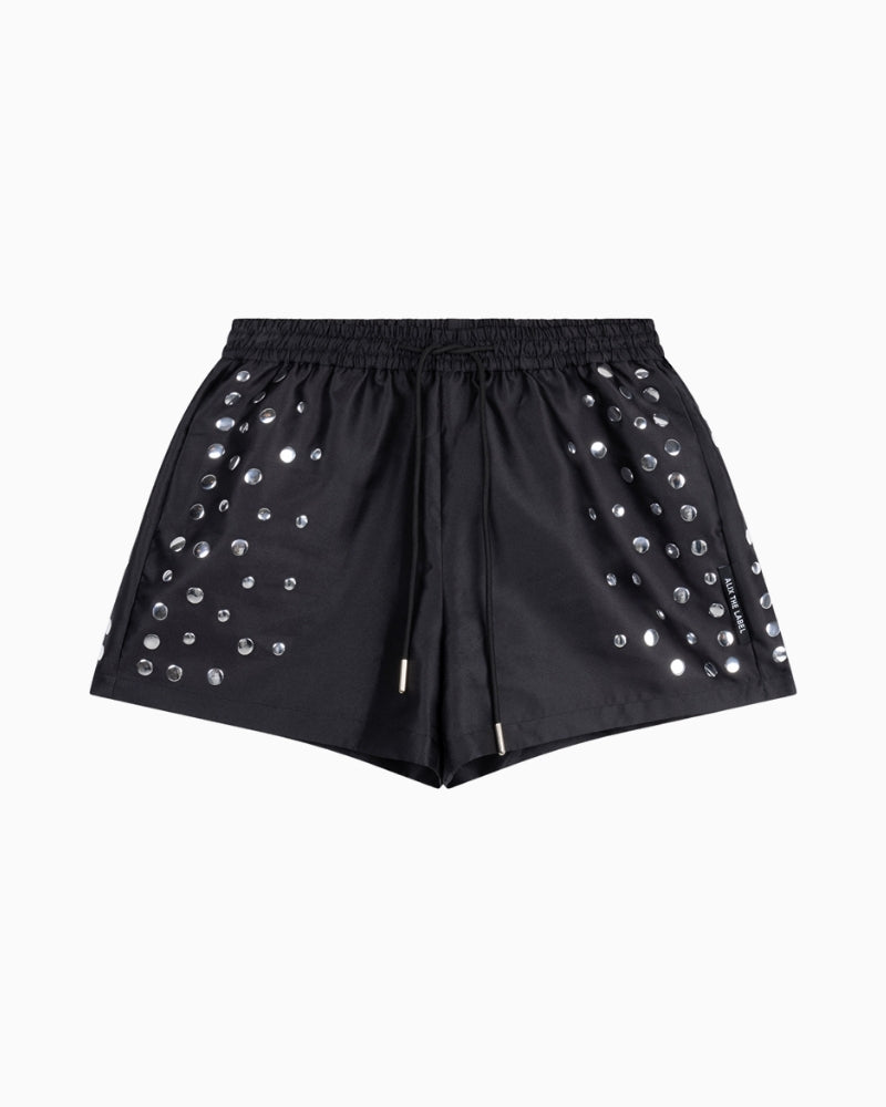 Black satin studded shorts by ALIX The Label with drawstring waist