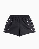 Back view of ALIX The Label satin shorts with elastic waistband