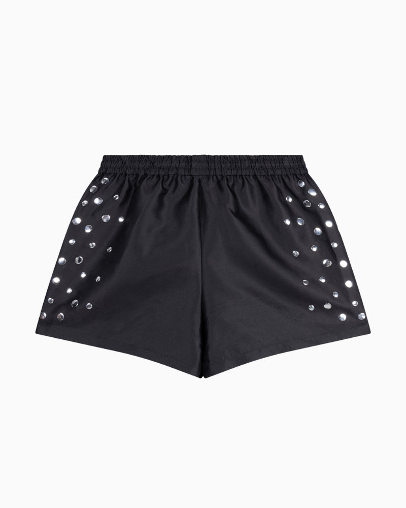 Back view of ALIX The Label satin shorts with elastic waistband