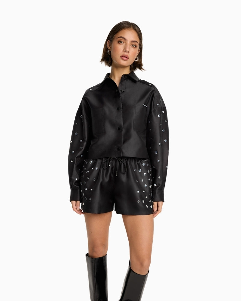 Black satin studded shorts by ALIX The Label with drawstring waist