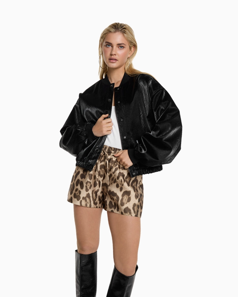 Black faux velvet leather bomber jacket by ALIX The Label with ribbed collar and zip front