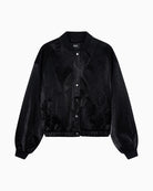 Black faux velvet leather bomber jacket by ALIX The Label with ribbed collar and zip front