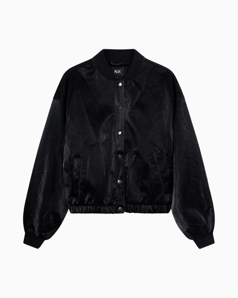 Black faux velvet leather bomber jacket by ALIX The Label with ribbed collar and zip front