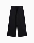 Back view of Alix wide-leg pants with elastic waistband and embroidery