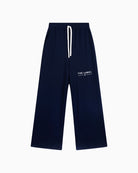 Front view of navy scuba trousers with elastic waist and pockets