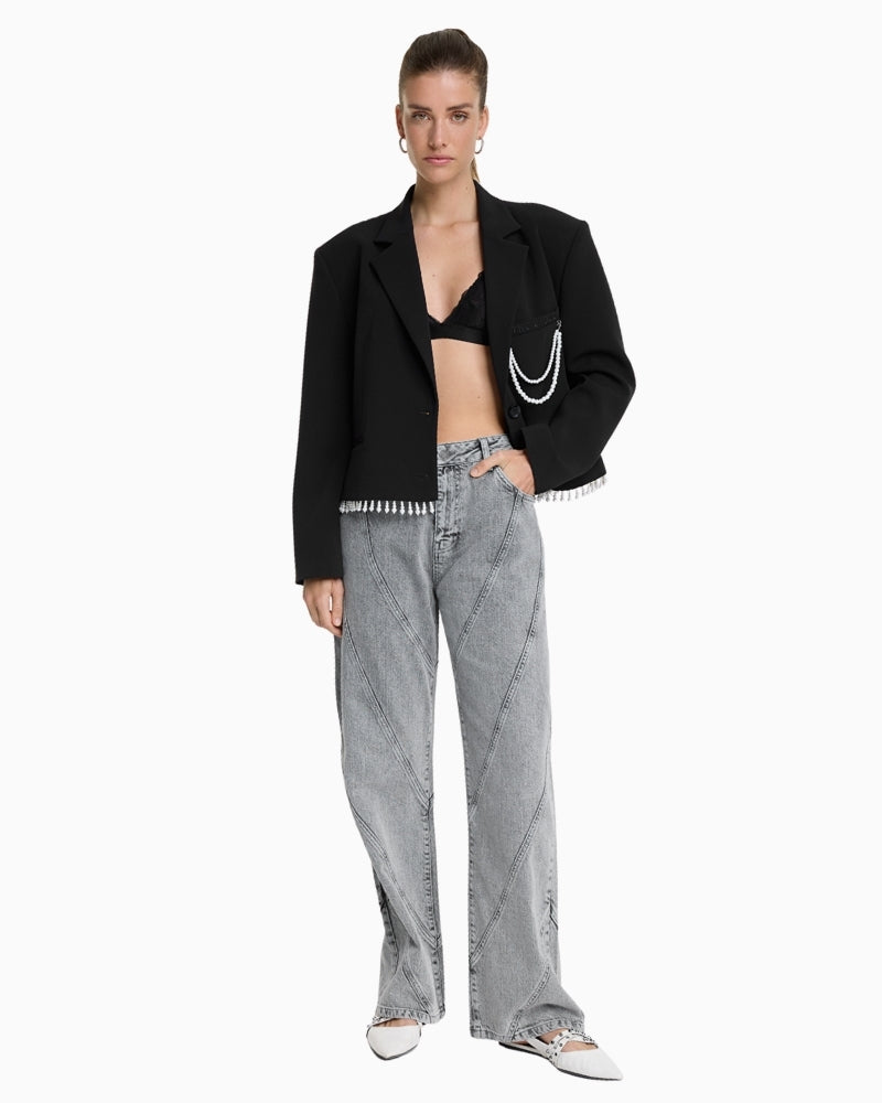ALIX blazer showing chest pocket embroidery and cropped tailored fit