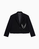 Black cropped blazer with pearl trim at hem and detachable pearl detail by ALIX The Label