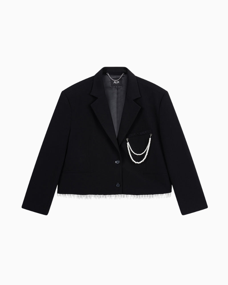 Black cropped blazer with pearl trim at hem and detachable pearl detail by ALIX The Label