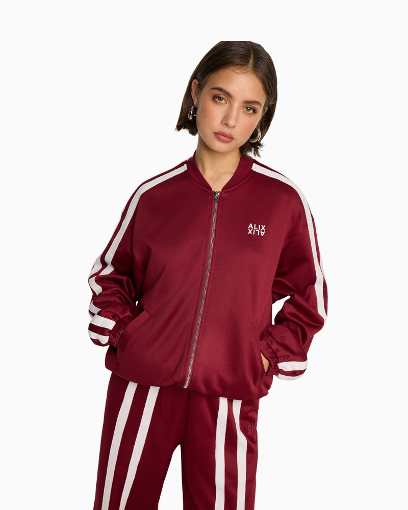 Bordeaux cropped sweat jacket by ALIX The Label with front zip and round neckline