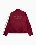 Back view of ALIX sweat jacket with large logo artwork and side stripes