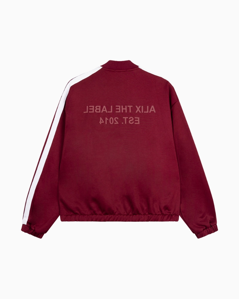 Back view of ALIX sweat jacket with large logo artwork and side stripes