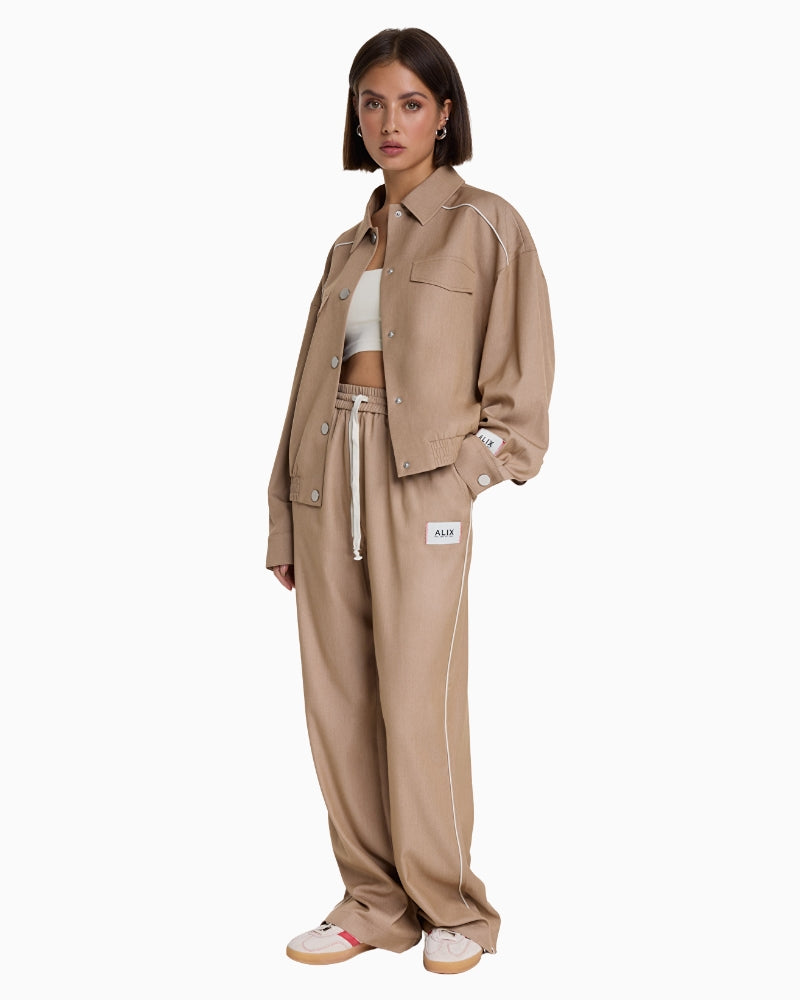 Alix The Label 2 Tone Pants camel side view with wide leg shape