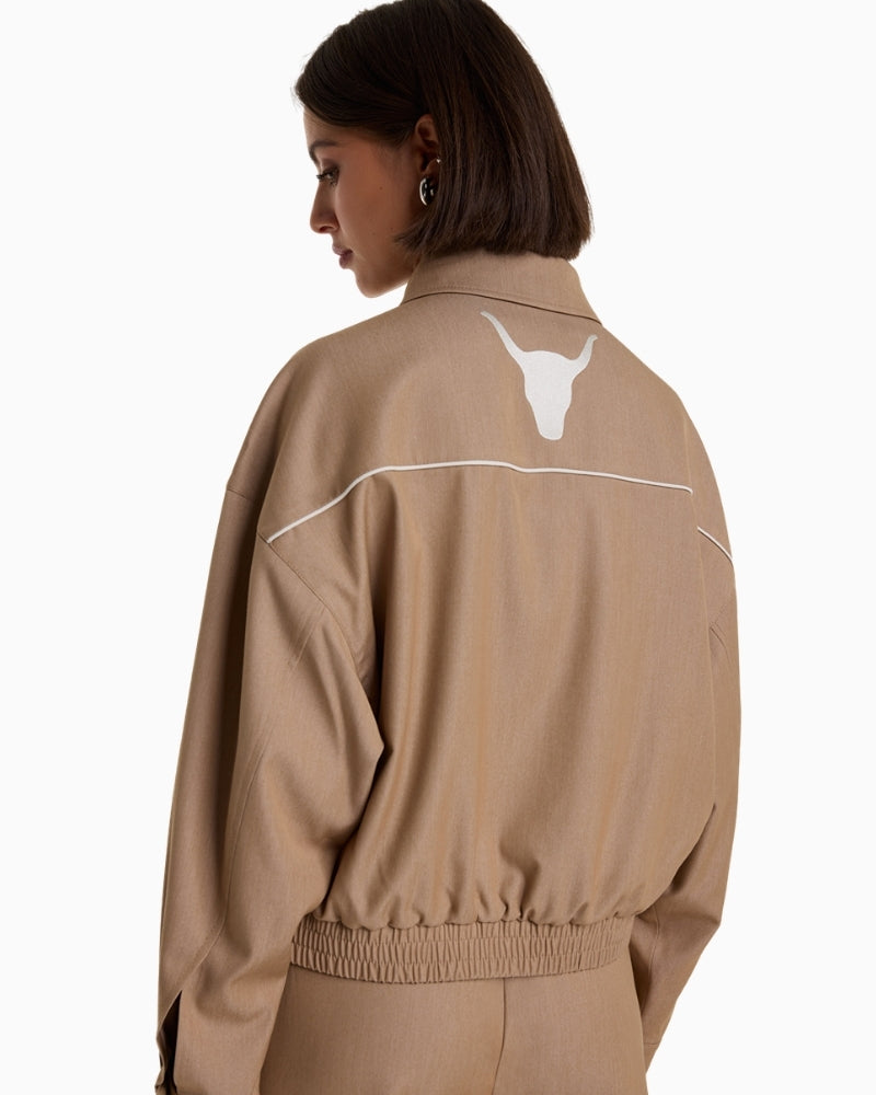 Alix The Label 2 tone jacket camel back view with bull detail