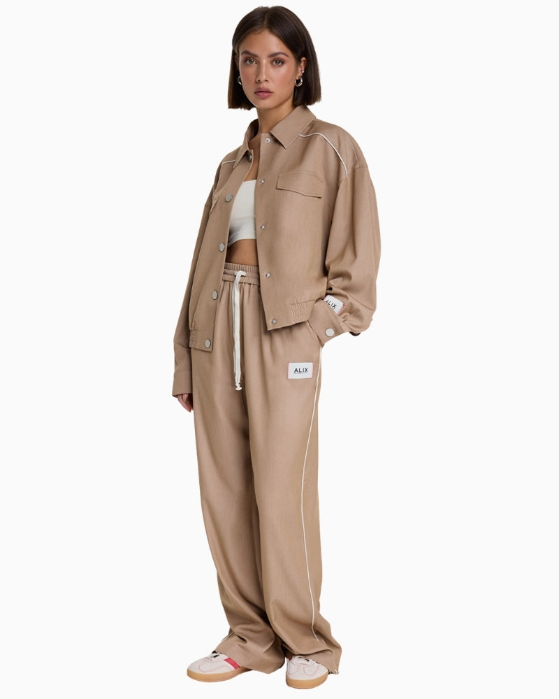 Alix The Label 2 tone jacket camel back view with bull detail