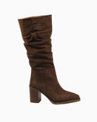 Front view of Alpe long knee-high boot in brown suede