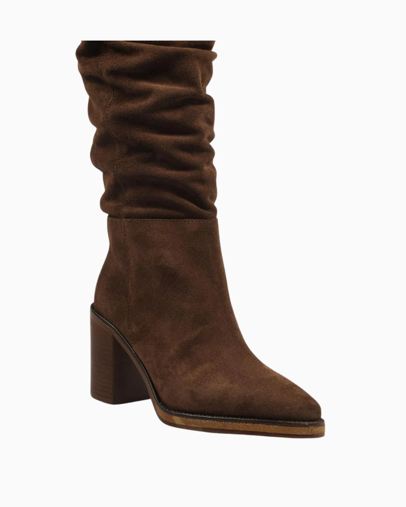Side view of brown suede boot showing clean tall silhouette