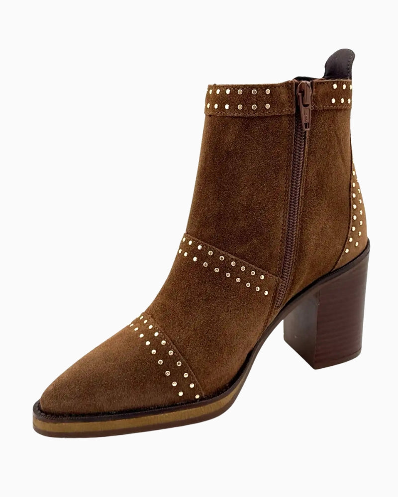 Side view showing 9cm block heel and studded suede detailing