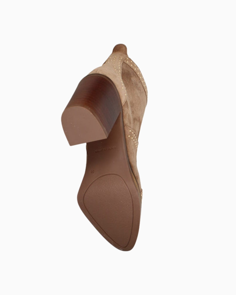 Back view of taupe boot with subtle stud detail and zip closure