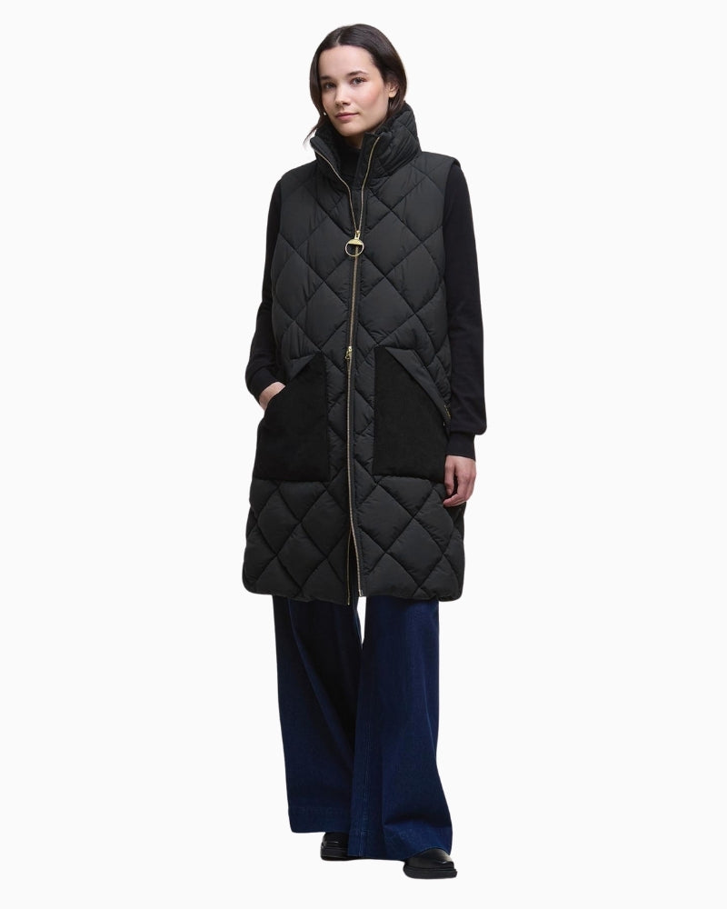 Black quilted Barbour Bernice gilet with teddy collar and tartan lining