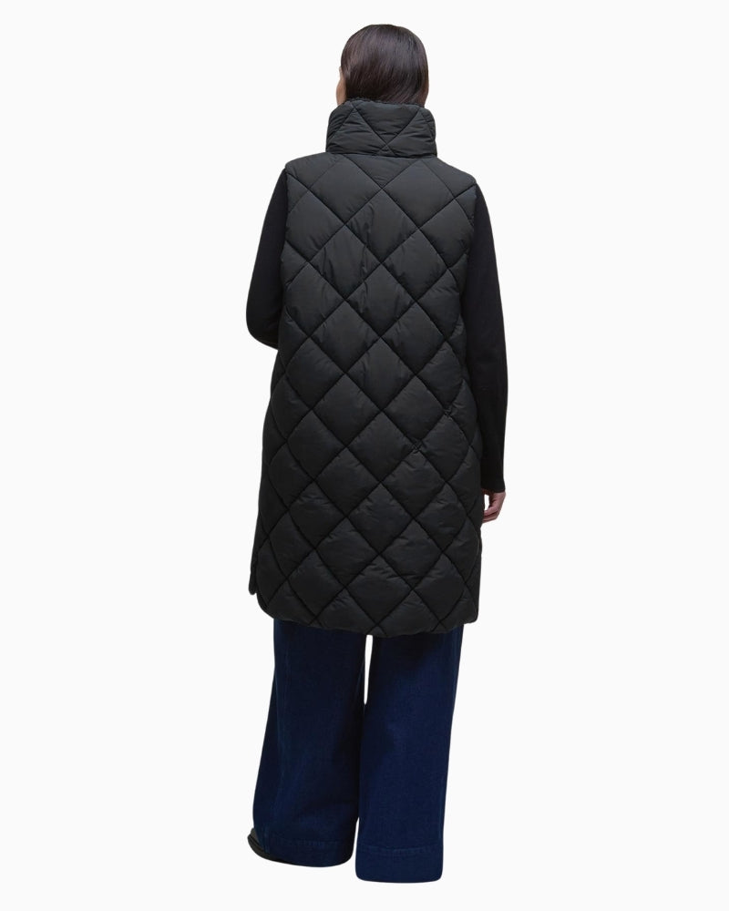 Back view of Barbour gilet showing diamond quilting and matte finish