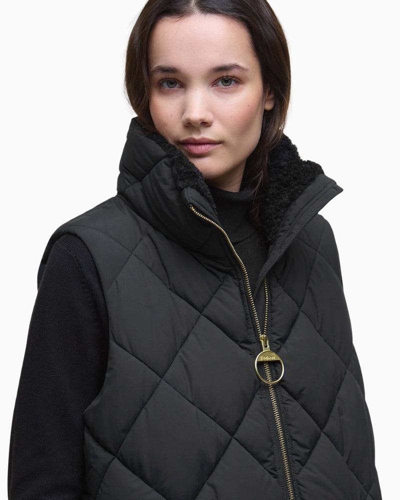 Close-up of teddy fleece collar and Barbour pocket branding