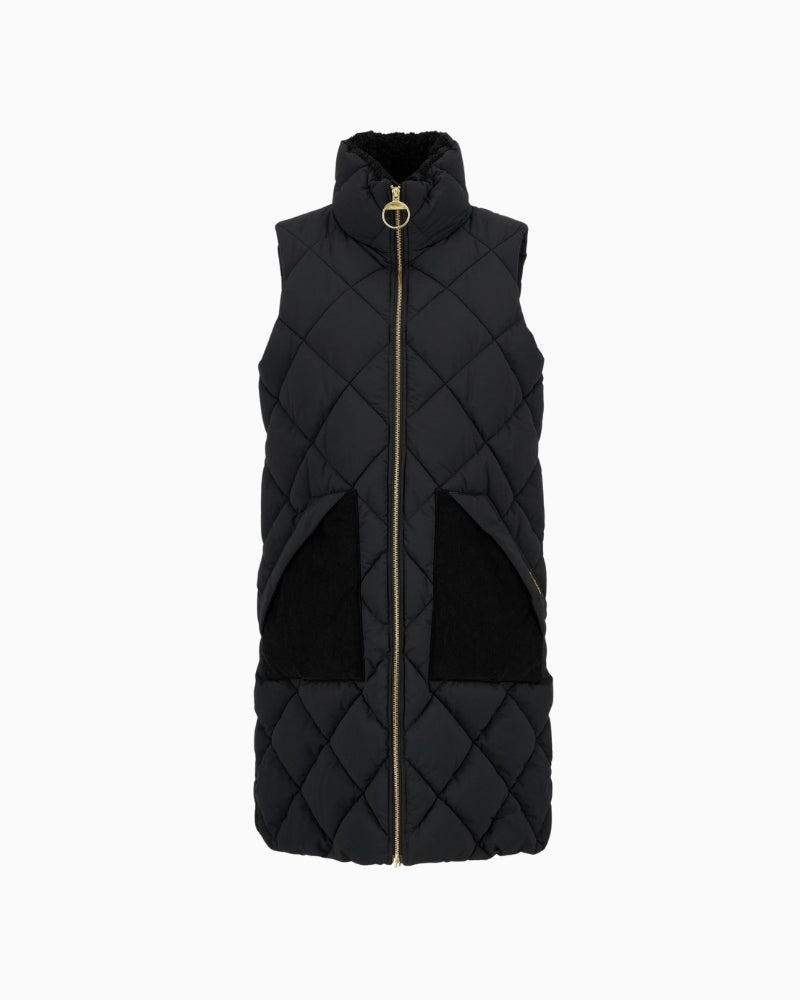 Black quilted Barbour Bernice gilet with teddy collar and tartan lining