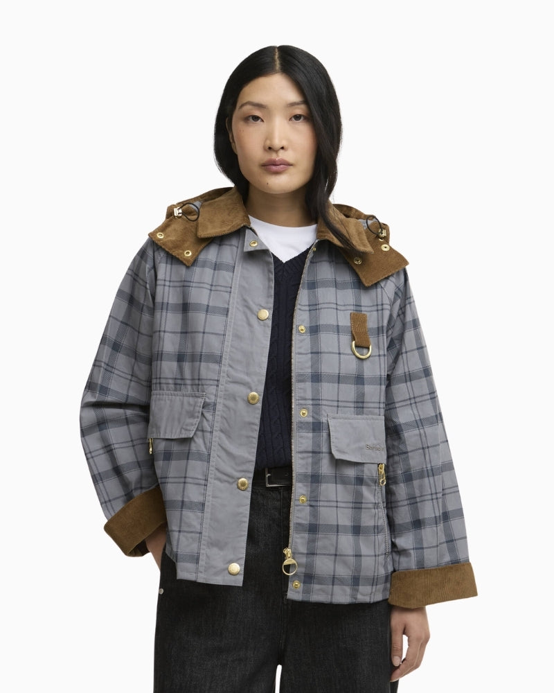 Barbour Carnforth tartan casual jacket grey front view – Áines Boutique