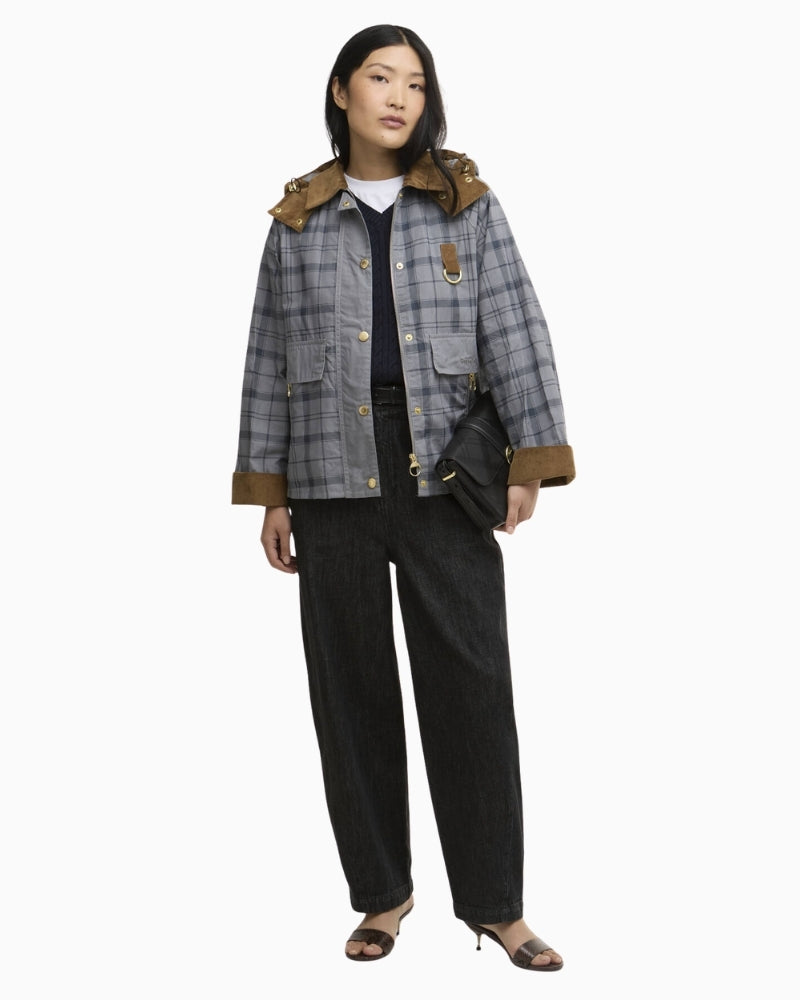 Woman wearing Barbour Carnforth tartan casual jacket – Áines Boutique