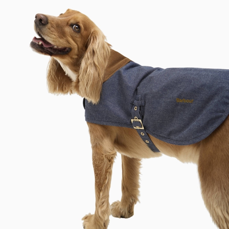 Barbour denim dry wax dog coat side view on dog – Áines Boutique