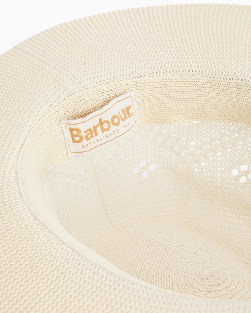 Barbour Flowerdale trilby hat cream metal ID bar detail – Áines Boutique