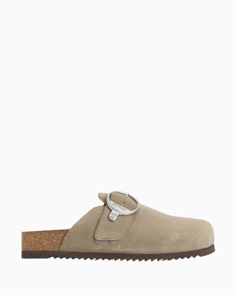 Barbour Kyra suede closed-toe mules beige side view – Áines Boutique