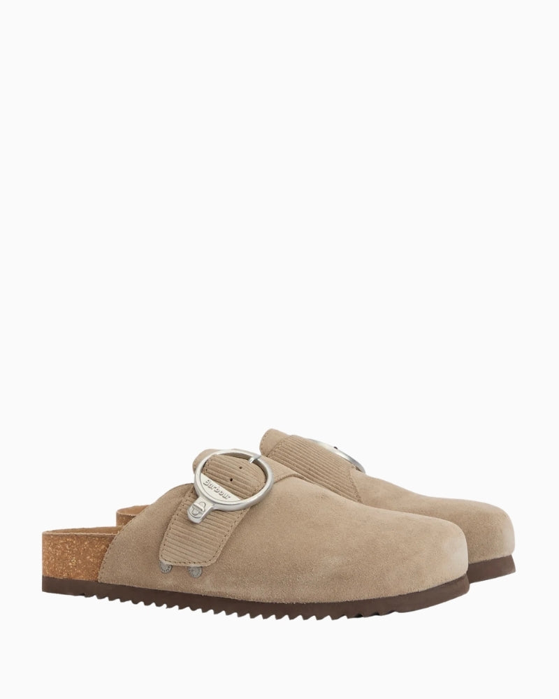 Barbour Kyra suede closed-toe mules beige side view – Áines Boutique