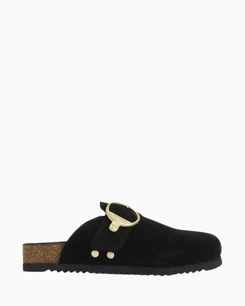 Barbour Kyra suede closed-toe mules black side view – Áines Boutique