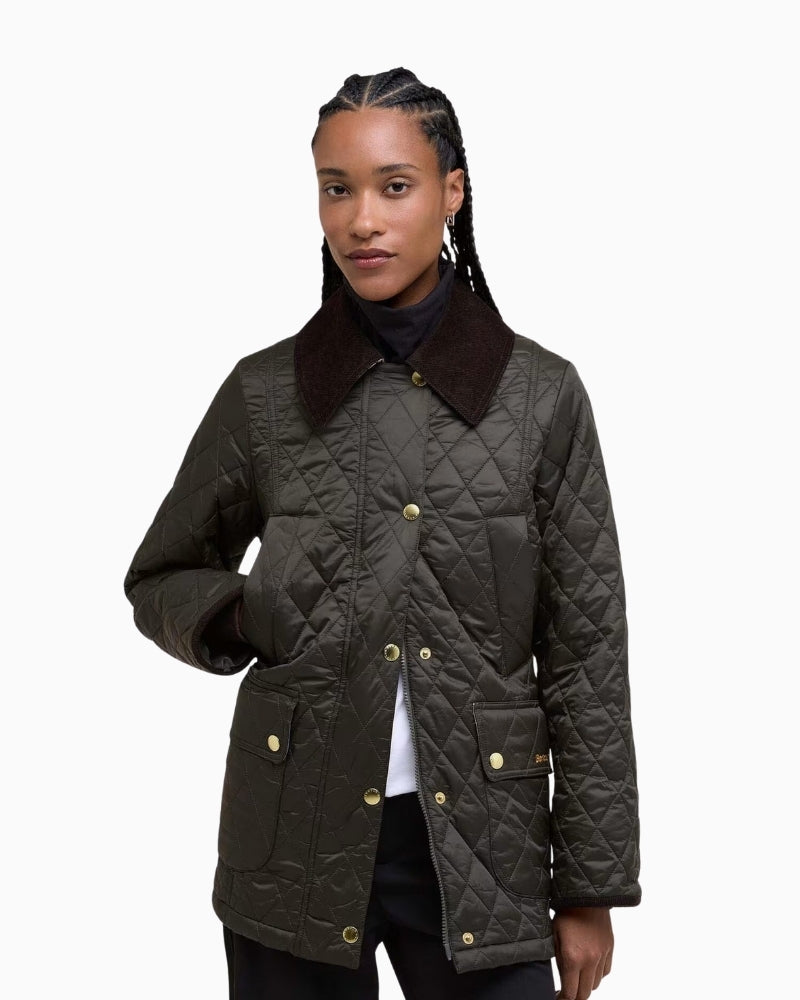 Barbour Modern Beadnell Quilted Jacket in black with cord collar and patch pockets