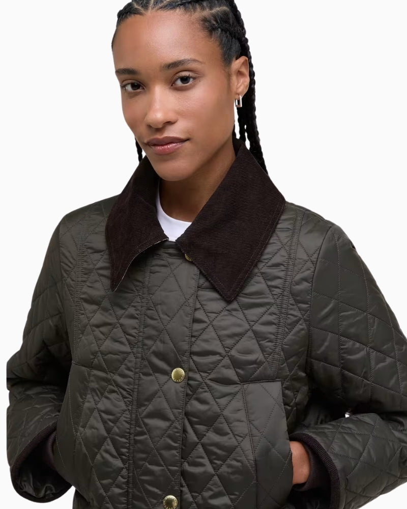 Close-up of signature Barbour corduroy collar and handwarmer pockets