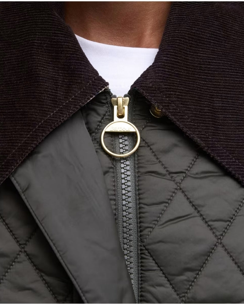 Close-up of signature Barbour corduroy collar and handwarmer pockets