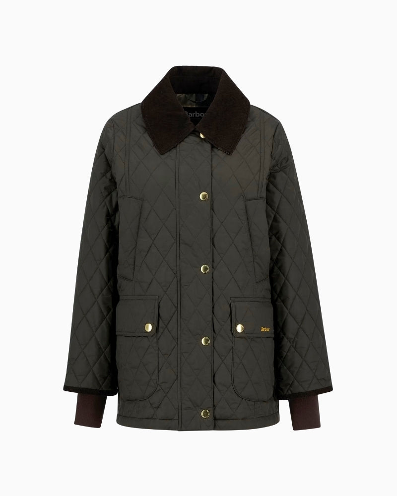 Barbour Modern Beadnell Quilted Jacket in black with cord collar and patch pockets