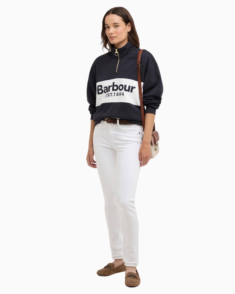Woman wearing Barbour Zaria quarter zip jumper navy – Áines Boutique